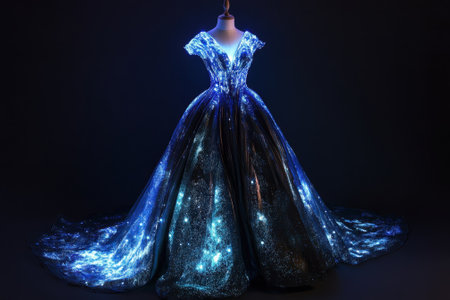 A stunning evening gown with a flowing skirt and intricate blue illumination creates a mesmerizing effect.の写真素材