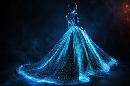 A figure in a shimmering blue gown stands gracefully, illuminated by soft, radiant light in a dark setting.の写真素材