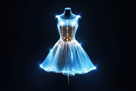 A stunning dress sparkles with lights, showcased on a mannequin in a dimly lit studio setting.の写真素材