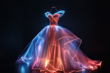 A stunning gown illuminated with colorful lights creates a captivating display of fashion and artistry.の写真素材