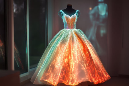 A radiant gown shines with colorful light patterns, captured in a contemporary indoor environment.の写真素材