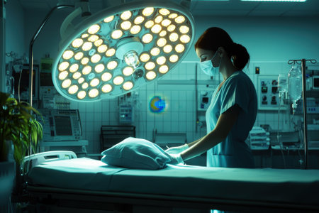 A medical worker in scrubs and a mask prepares instruments in a modern surgery room illuminated by bright lights.の写真素材