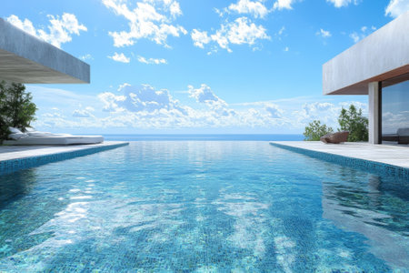A stunning infinity pool reflects the clear blue sky and ocean, surrounded by modern architecture and lush greenery.の写真素材