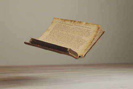An old manuscript with faded writing hovers over a smooth wooden surface, illuminated by gentle light.の写真素材
