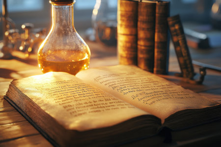 A warm glow illuminates an ancient book and laboratory glassware on a wooden table, creating a cozy atmosphere.の写真素材