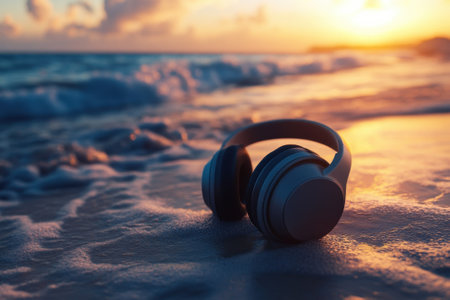 Headphones lie on the wet sand by the shoreline as the sun sets, illuminating the ocean waves.の写真素材