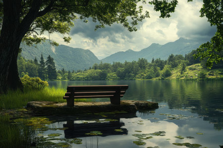 A serene bench overlooks a peaceful lake surrounded by lush greenery and majestic mountains under cloudy skies.の写真素材