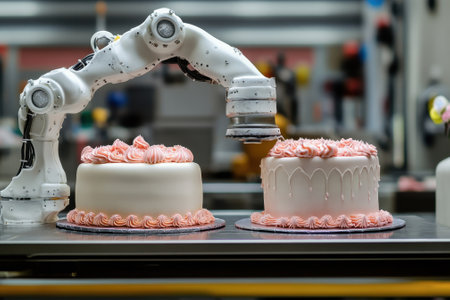 A robotic arm applies icing to two cakes in a high-tech bakery, showing advanced automation and precision.の写真素材