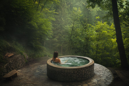 A person enjoys a peaceful soak in a hot tub, embraced by lush greenery and a serene forest atmosphere.の写真素材