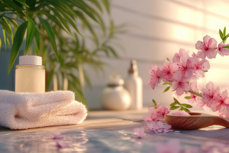 A relaxing spa environment features beauty products, a soft towel, and pink blossoms on a wooden table.の写真素材