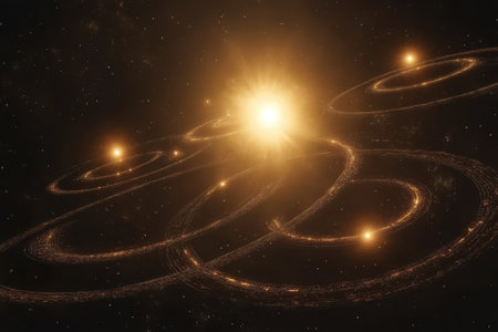 Swirling orbits surround a bright star, illustrating the motion of planets in a vast cosmic expanse.の写真素材