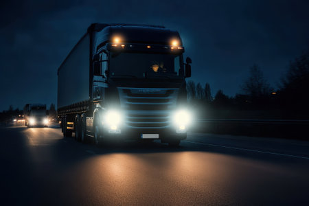 Two trucks are moving along a dark highway, their headlights cutting through the night fog, creating a bright contrast.の写真素材