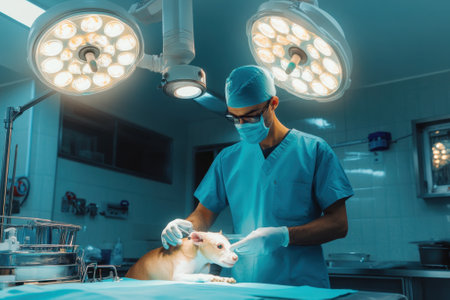 A veterinarian carefully examines a dog while preparing for surgery in a well-equipped surgical area.の写真素材