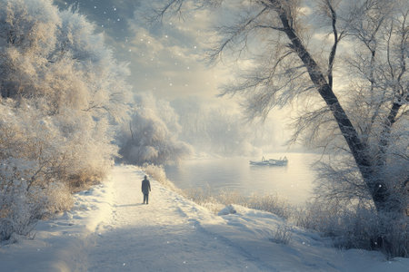 A person strolls along a snow-covered path next to a tranquil river during early morning light.の写真素材
