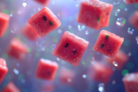 Bright pink watermelon cubes float in mid-air, surrounded by sparkling droplets, evoking a refreshing summer atmosphere.の写真素材