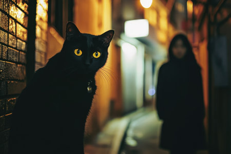 A black cat with bright yellow eyes sits in a dim alley, while a figure looms in the shadows.の写真素材