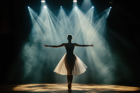 A dancer stands in silhouette on stage with arms extended, surrounded by hazy light beams and atmosphere.の写真素材