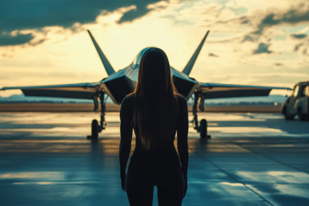 A woman gazes at a military jet at sunset, surrounded by a dramatic sky and airfield atmosphere.の写真素材