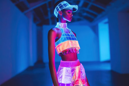 Model poses in striking neon apparel, illuminated by blue lights, highlighting modern urban style and creativity.の写真素材