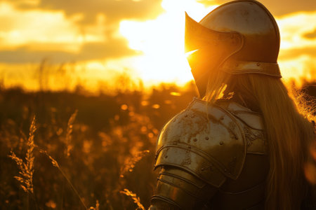 A knight in full armor gazes towards a stunning sunset, surrounded by tall grass and vibrant colors.の写真素材