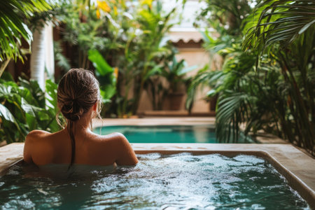 A person enjoys a tranquil soak in a spa while surrounded by vibrant tropical plants and serene water.の写真素材