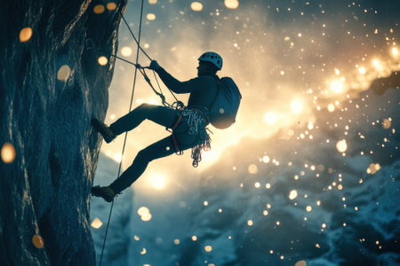 Climber scales a rocky surface as sunlight creates a radiant backdrop and water droplets fly.の写真素材
