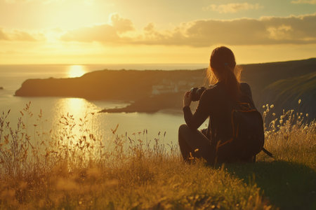 Individual captures the beauty of a sunset while sitting on grassy cliffs, enjoying the serene view of the ocean.の写真素材