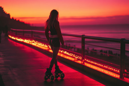A person enjoys roller skating on a seaside walkway as the sunset fills the sky with vibrant colors and lights.の写真素材