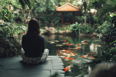 A person sits quietly by a koi pond surrounded by lush greenery and a traditional pavilion.の写真素材