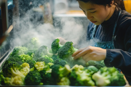 A chef carefully selects fresh broccoli in a steamy kitchen, preparing for a delicious meal in progress.の写真素材