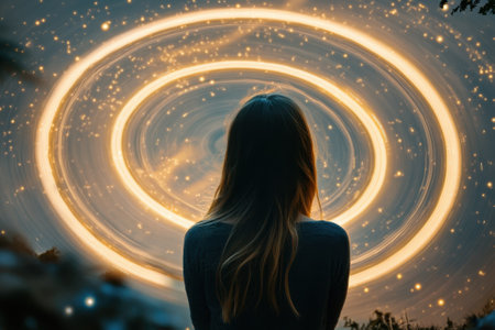 A person stands in awe, observing the mesmerizing spiral patterns of stars illuminating the night sky.の写真素材