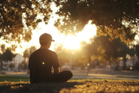 A young boy sits cross-legged on the grass, watching the sunset through tree branches in a serene park.の写真素材