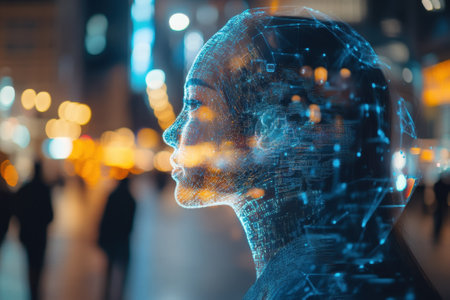 A digital representation of a woman merges with a lively city street filled with lights and pedestrians.の写真素材