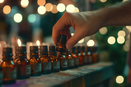 A hand carefully chooses an essential oil bottle amidst a vibrant market filled with warm lights.の写真素材