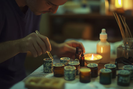 A person meticulously mixes essential oils in small containers, surrounded by a cozy, candlelit workspace.の写真素材