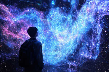 A visitor stands captivated by a vibrant galaxy display in a contemporary art exhibit.の写真素材