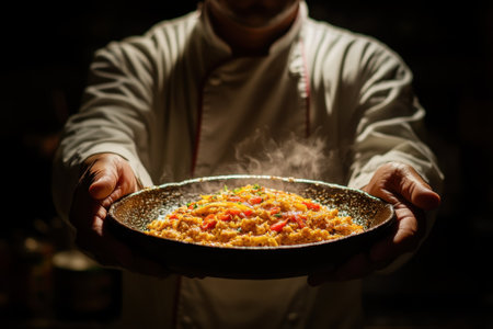 A chef serves a fragrant rice dish garnished with colorful vegetables in an elegant setting.の写真素材