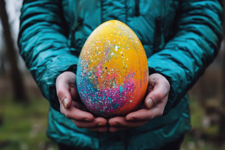 A person in a teal jacket holds a vibrant, glittery egg in a lush forest environment, perfect for spring.の写真素材