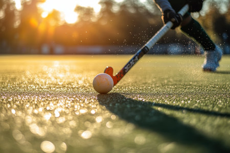 A player strikes a ball on a field with a hockey stick, surrounded by a warm sunset glow and mist.の写真素材
