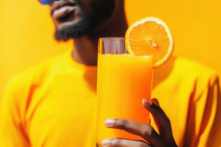A man wearing an orange shirt smiles while holding a tall glass of orange juice garnished with a slice.の写真素材