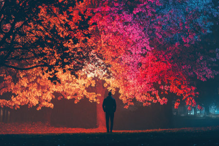A person stands alone beneath vibrant autumn trees, surrounded by shades of orange, red, and purple during twilight.の写真素材