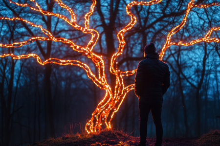 A person stands in silence, appreciating a brightly illuminated tree in a quiet forest at dusk.の写真素材