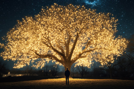 A person stands in awe in front of a large tree adorned with bright lights, creating a magical atmosphere.の写真素材