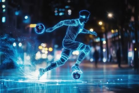 A soccer player skillfully dribbles a ball while illuminated by colorful city lights in a night setting.の写真素材