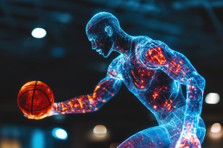 A basketball player with a glowing digital form prepares to shoot while standing in an urban sports venue.の写真素材