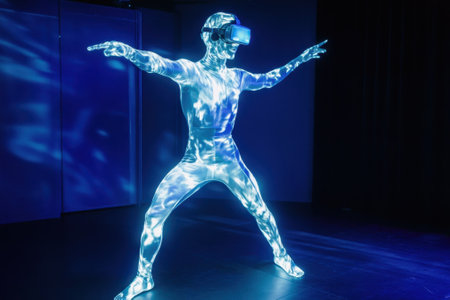 A performer in a glowing suit engages with virtual reality while surrounded by dynamic lighting effects.の写真素材