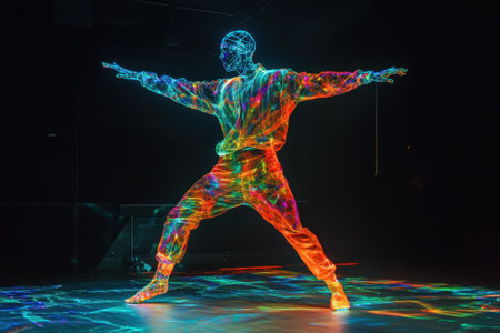 A dancer in a glowing suit performs with vibrant holographic light patterns illuminating the dark space.の写真素材