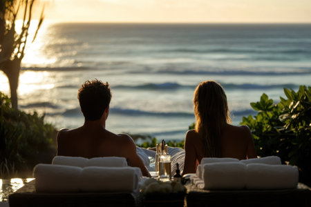 Two individuals relax on lounge chairs while watching a stunning sunset over the ocean waves.の写真素材