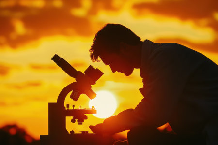 A scientist studies samples through a microscope as the sun sets, creating a dramatic silhouette against the sky.の写真素材