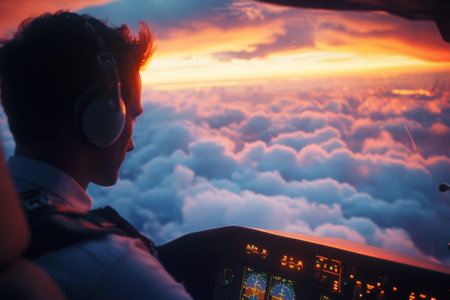 A pilot concentrates in the cockpit while soaring above clouds, basking in the vibrant hues of sunset.の写真素材